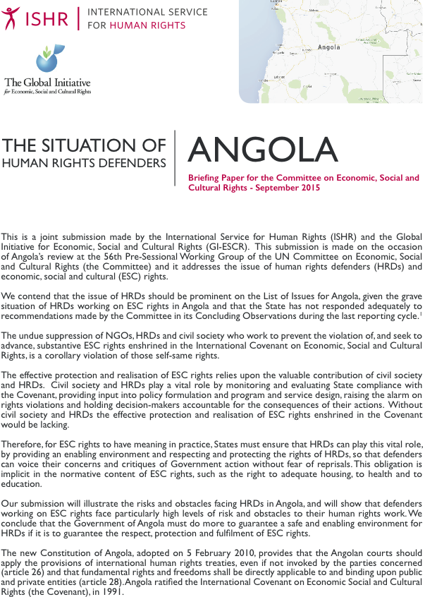 Image of briefing paper on the situation of human rights defenders in Angola