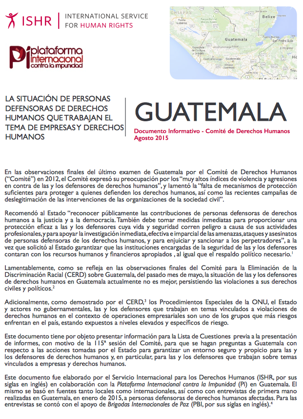 Image of Spanish briefing paper on the situation of human rights defenders in Guatemala