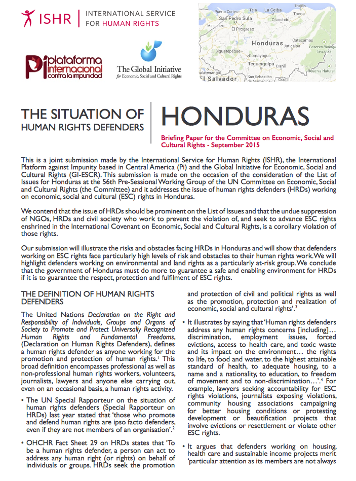 Image of briefing paper on the situation of human rights defenders in Honduras